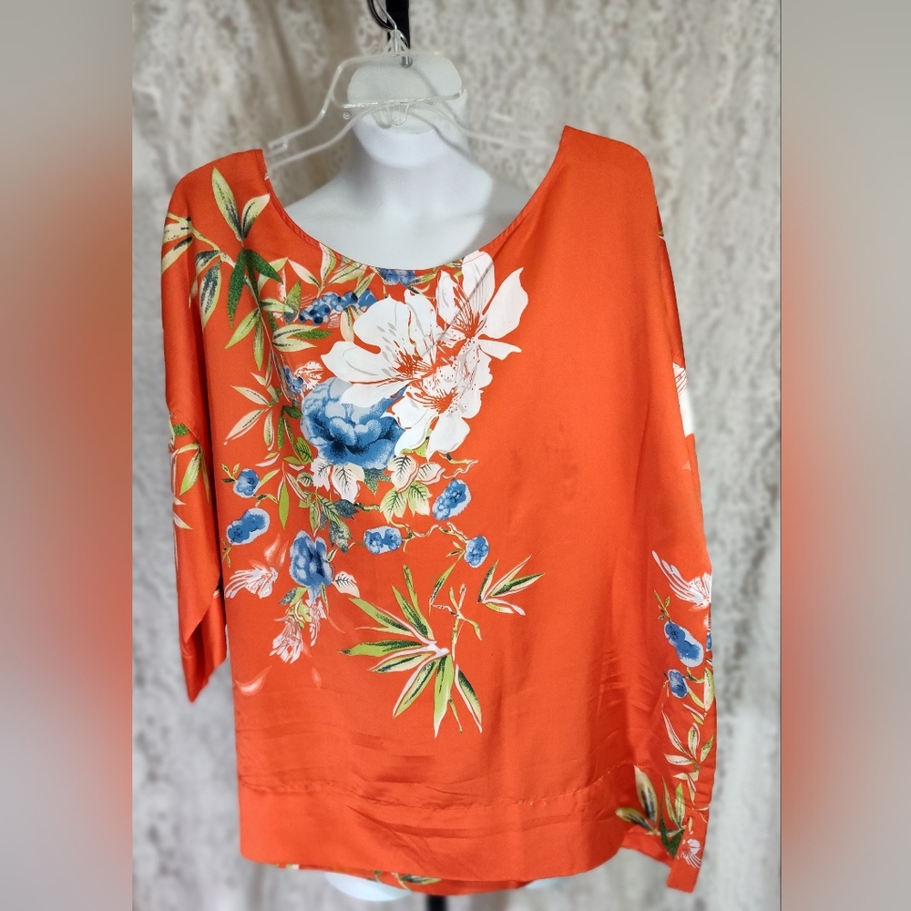 Soft Surroundings Orange White 3/4 Sleeve Boxy Blouse